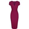 Pretty Kitty Fashion Amaranth Deep V Cap Sleeve Bodycon Ruched Waist Wiggle Dress | Pencil Dresses