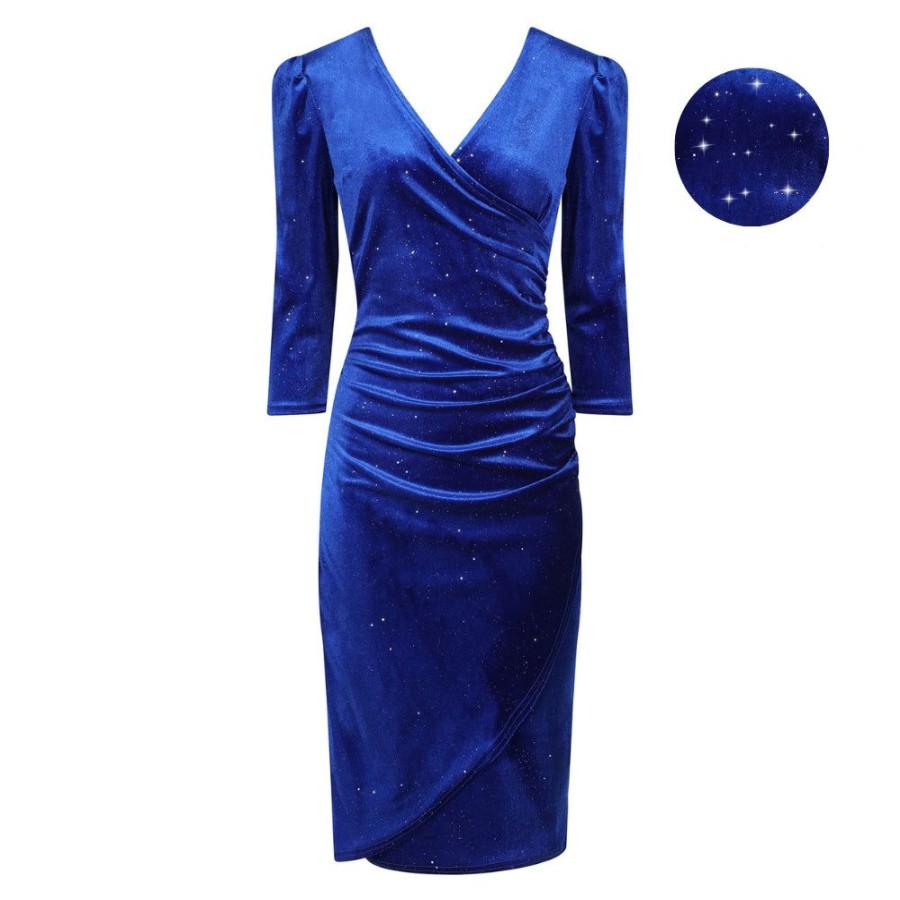 Pretty Kitty Fashion Blue Velour Sparkle Wrapover 3/4 Sleeve Midi Dress | Velour Dresses