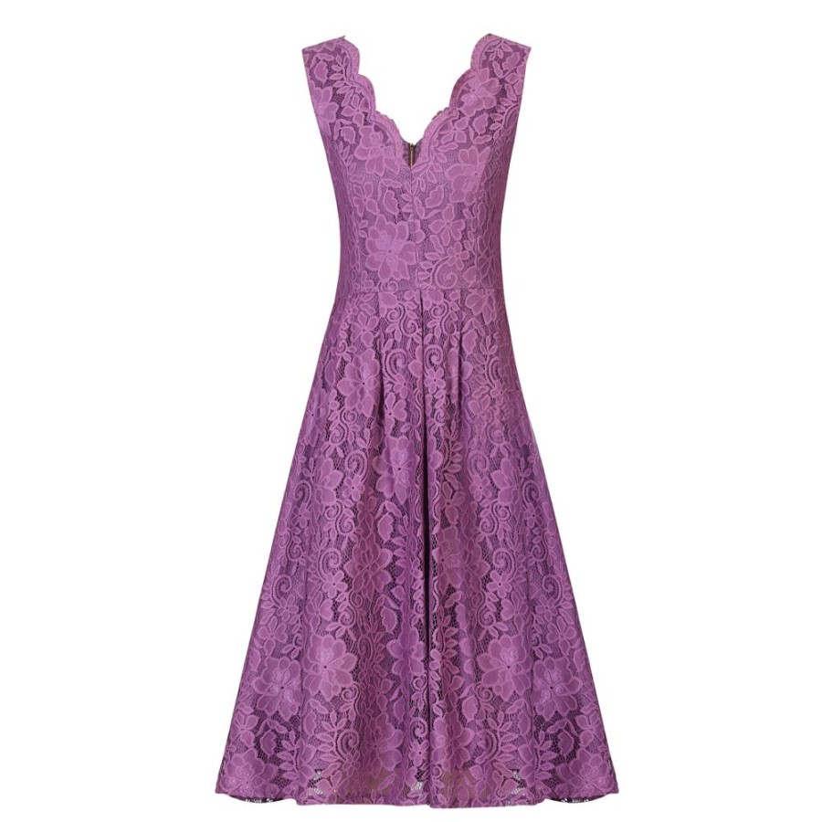 Jolie Moi Jolie Moi Dark Mauve Embroidered Lace Sleeveless V Neck 50S Swi | 50S Swing Dresses