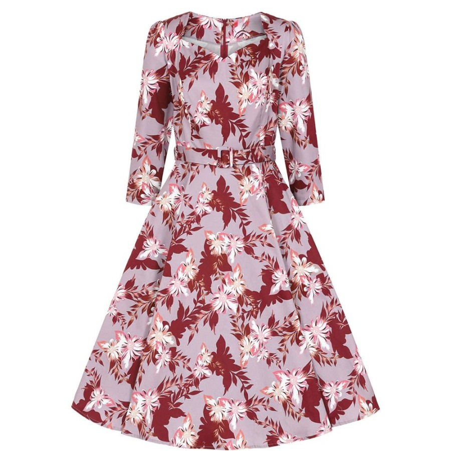 Pretty Kitty Fashion Floral Print 3/4 Sleeve 50 Swing Tea Dress W/ Sweetheart Necklin | Floral Dresses