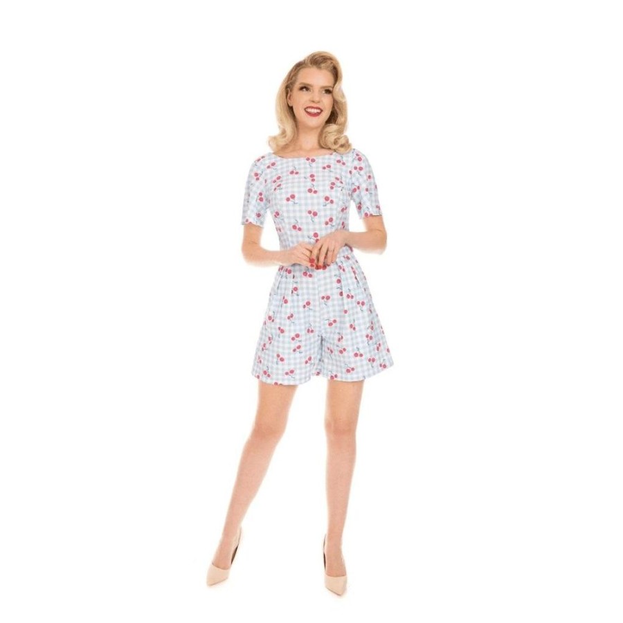 Hearts and Roses Blue And White Check Cherry Summer Playsuit | Jumpsuits