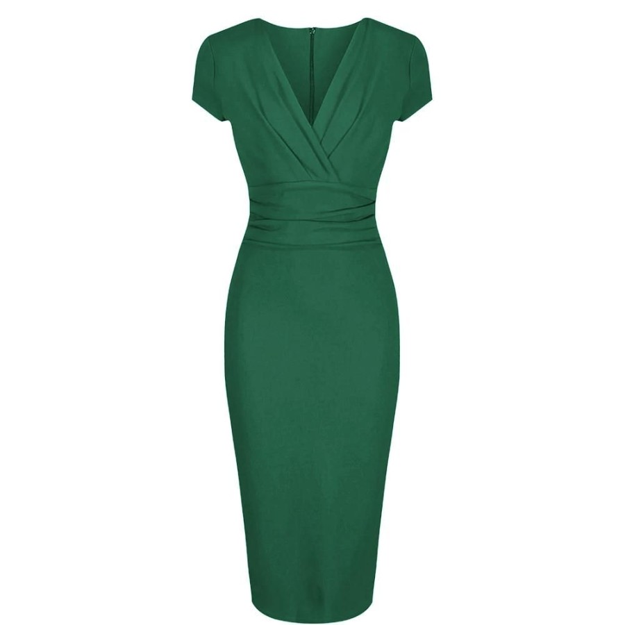 Pretty Kitty Fashion Emerald Deep V Neck Cap Sleeve Ruched Waist Bodycon Wiggle Dress | Pencil Dresses