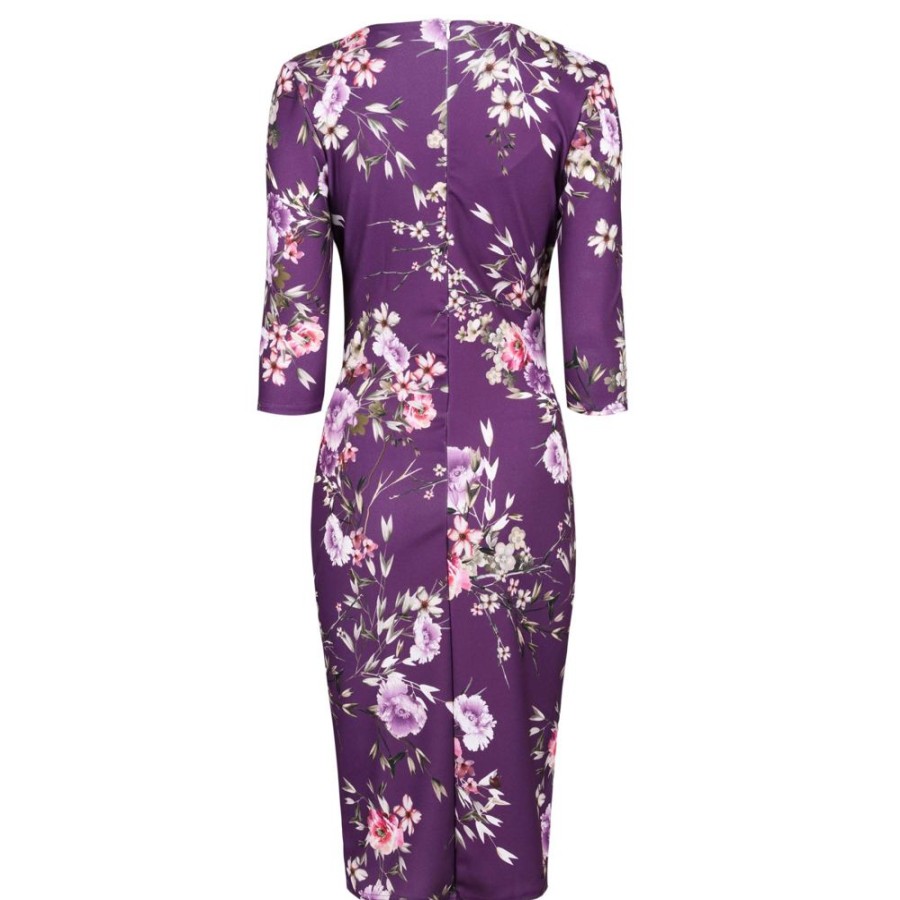 Pretty Kitty Fashion Floral Print 40S 3/4 Sleeve Wiggle Wrap Dress | Pencil Dresses