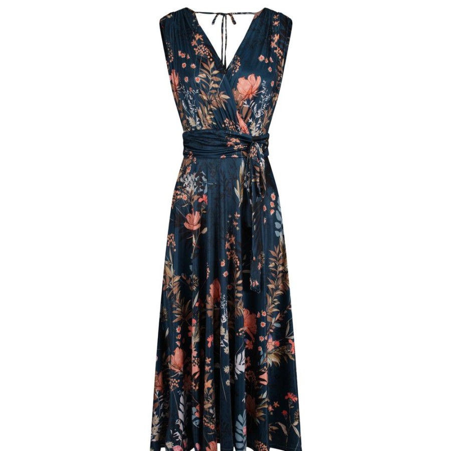 Pretty Kitty Fashion Dark Floral V Neck Crossover Top Empire Waist Swing Dress | Floral Dresses