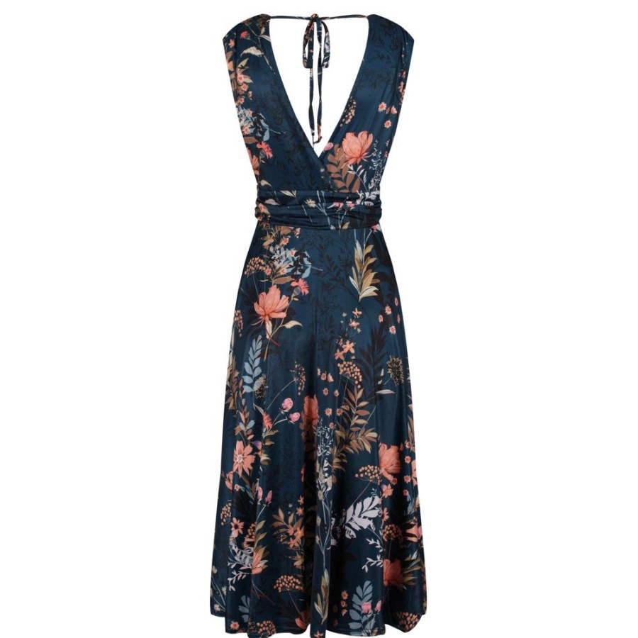 Pretty Kitty Fashion Dark Floral V Neck Crossover Top Empire Waist Swing Dress | Floral Dresses