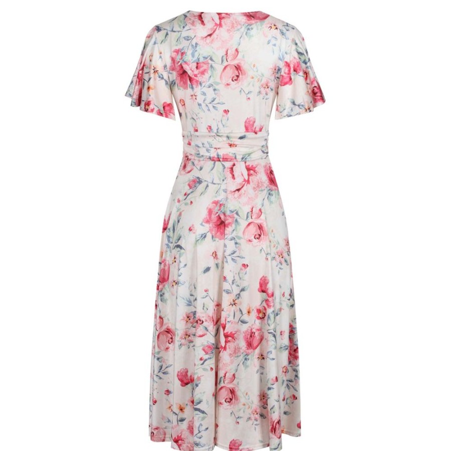 Pretty Kitty Fashion Pink Floral Print Cap Sleeve V Neck Wrap Top Swing Dress | Tea Dresses