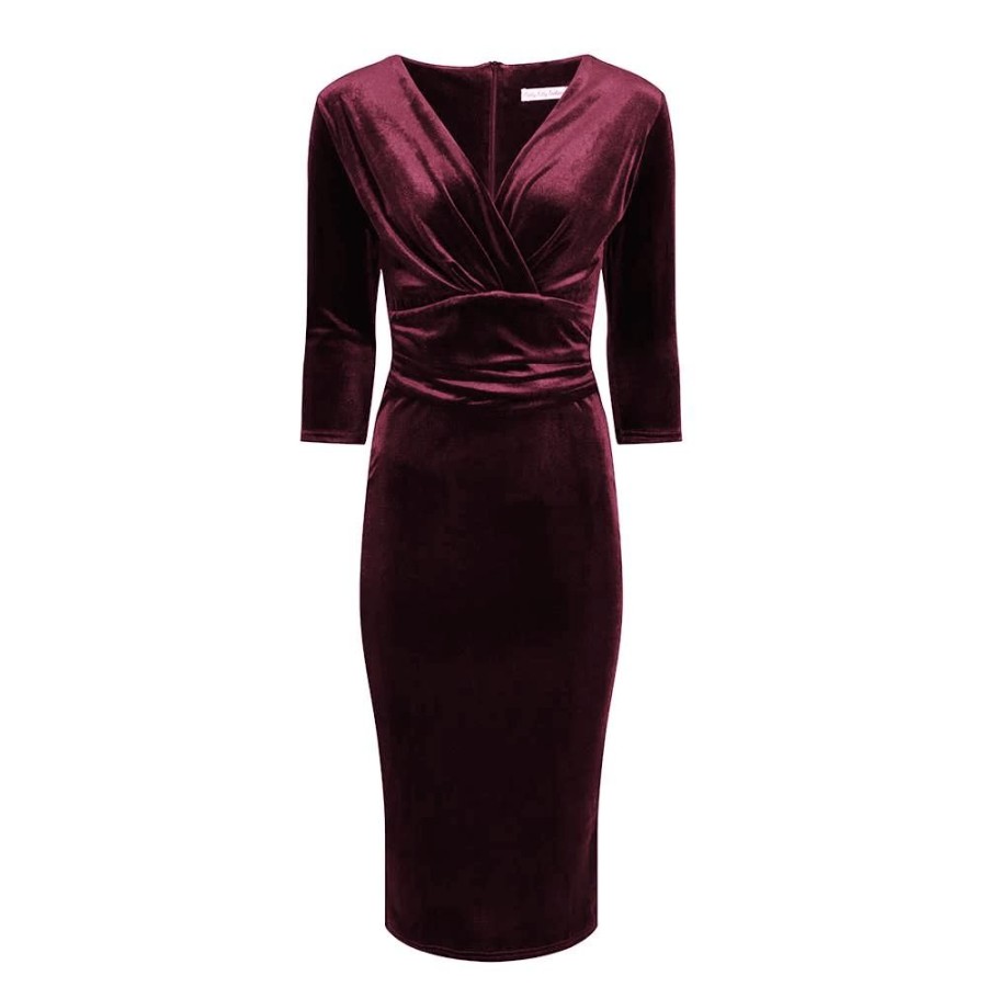 Pretty Kitty Fashion Claret Red Velour Deep V 3/4 Sleeve Bodycon Ruched Waist Wiggle Dress | Velour Dresses