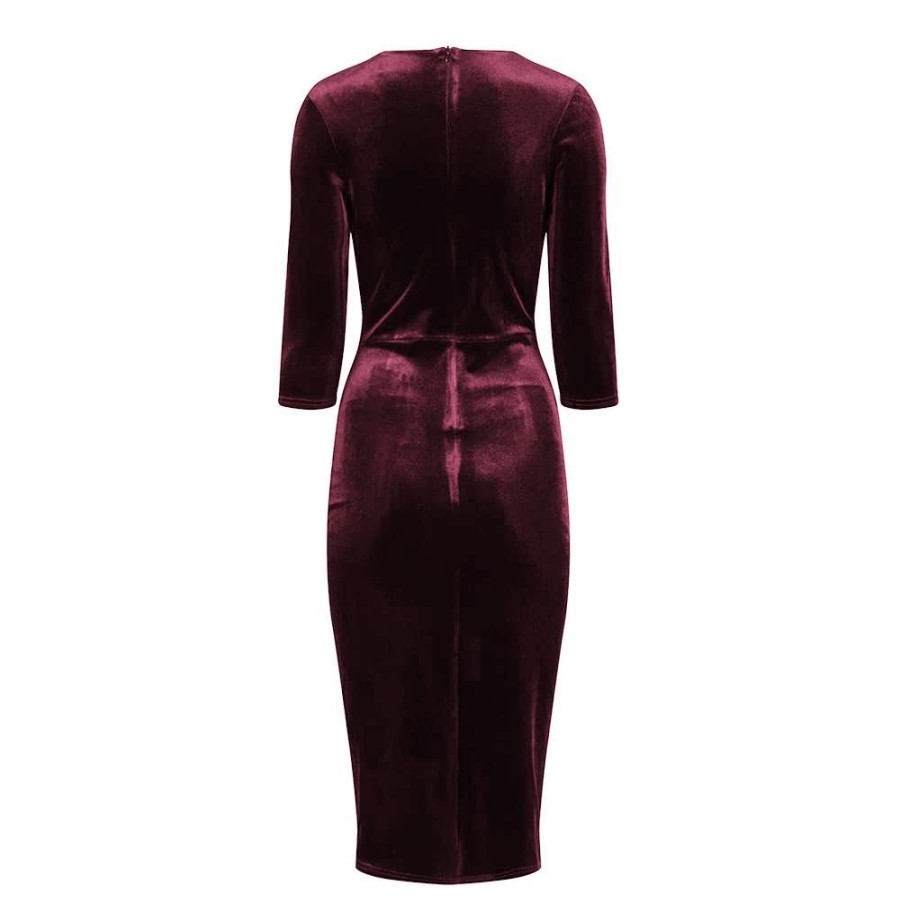 Pretty Kitty Fashion Claret Red Velour Deep V 3/4 Sleeve Bodycon Ruched Waist Wiggle Dress | Velour Dresses