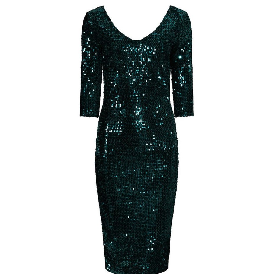 Pretty Kitty Fashion Emerald 3/4 Sleeve V Neck Velour Sequin Pencil Wiggle Party Dres | Party Dresses