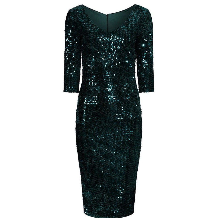 Pretty Kitty Fashion Emerald 3/4 Sleeve V Neck Velour Sequin Pencil Wiggle Party Dres | Party Dresses