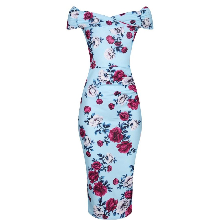 Pretty Kitty Fashion Sky Floral Cap Sleeve Crossover Top Bardot Wiggle Pencil Dress | Pencil Dresses