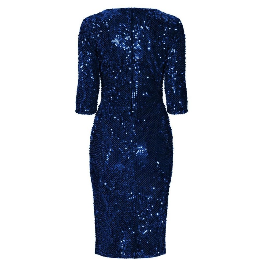 Pretty Kitty Fashion Navy 3/4 Sleeve V Neck Velour Sequin Pencil Wiggle Party Dress | Velour Dresses