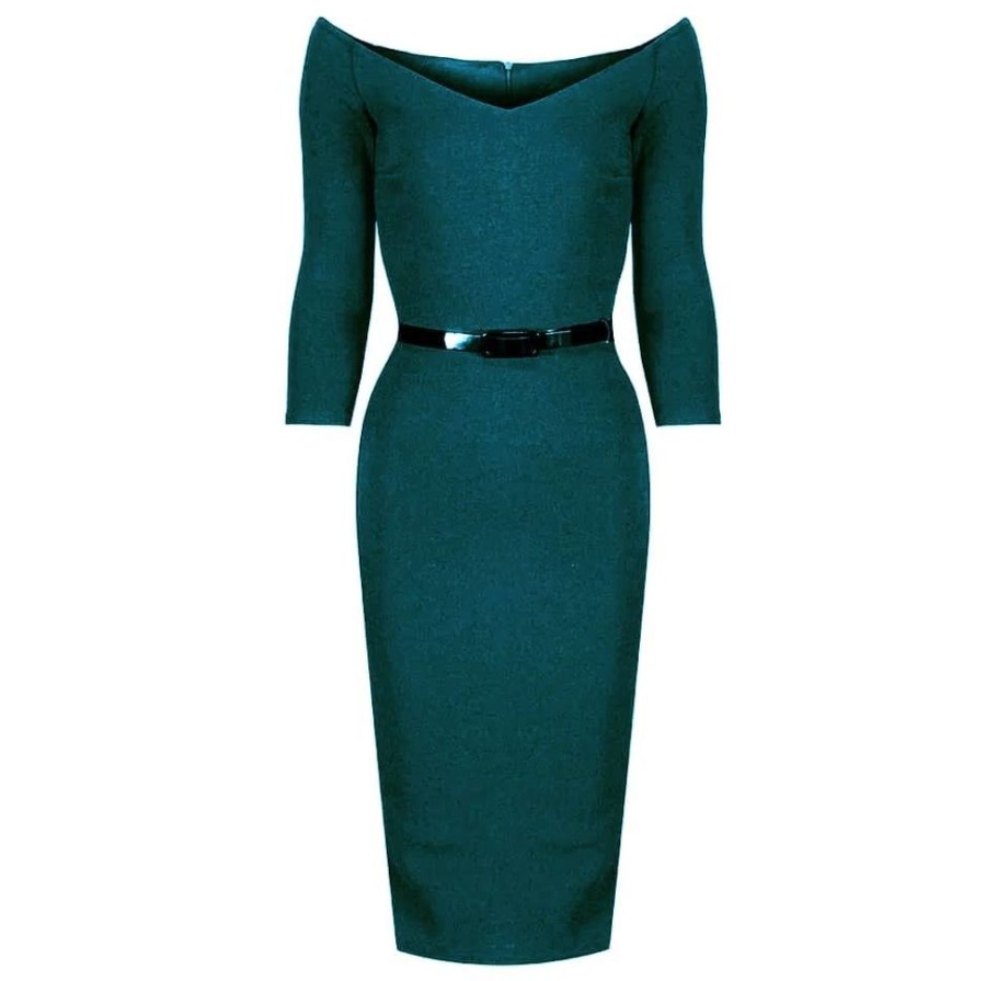 Pretty Kitty Fashion Wide V Neck 3/4 Sleeve Vintage Style Belted Bodycon Pencil Dress | Wiggle Dresses