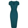 Pretty Kitty Fashion Blue Green Deep V Neck Cap Sleeve Ruched Waist Bodycon Wiggle Dre | Wiggle Dresses