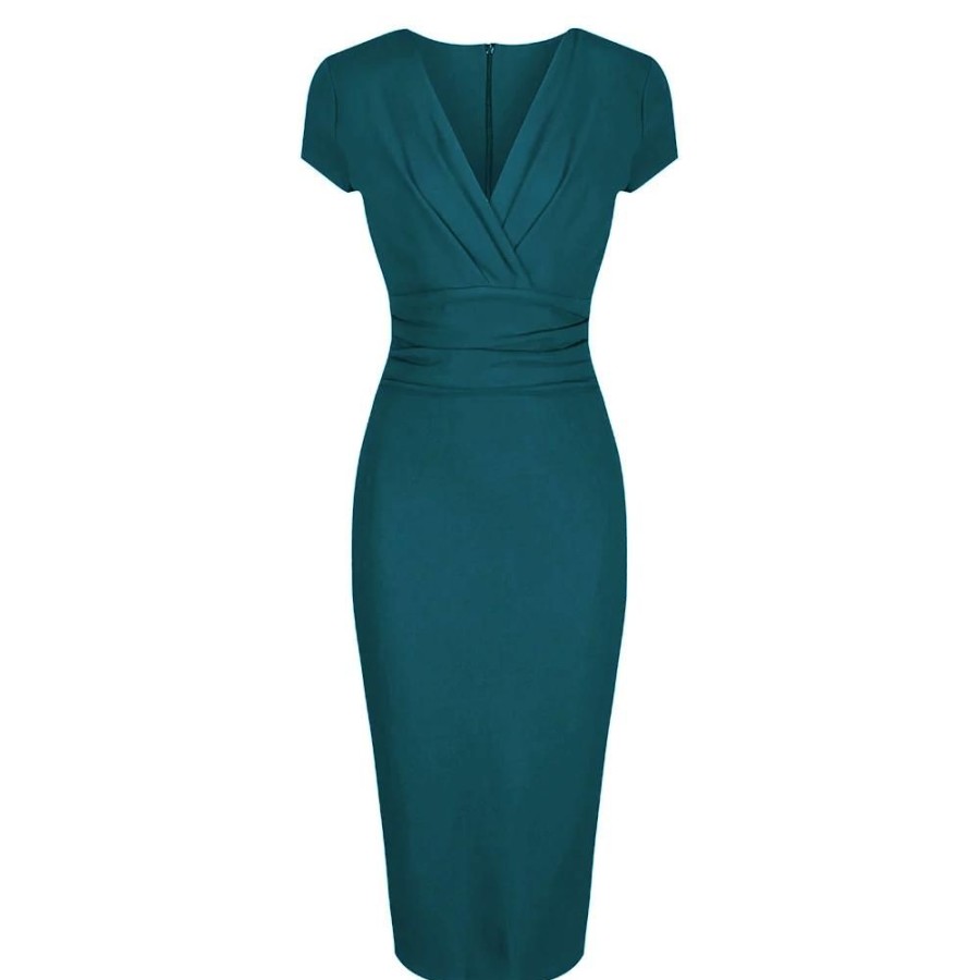 Pretty Kitty Fashion Blue Green Deep V Neck Cap Sleeve Ruched Waist Bodycon Wiggle Dre | Wiggle Dresses