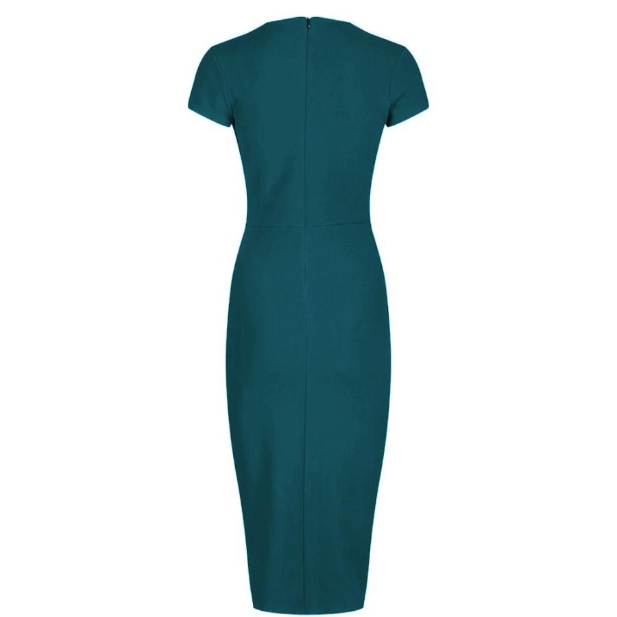 Pretty Kitty Fashion Blue Green Deep V Neck Cap Sleeve Ruched Waist Bodycon Wiggle Dre | Wiggle Dresses