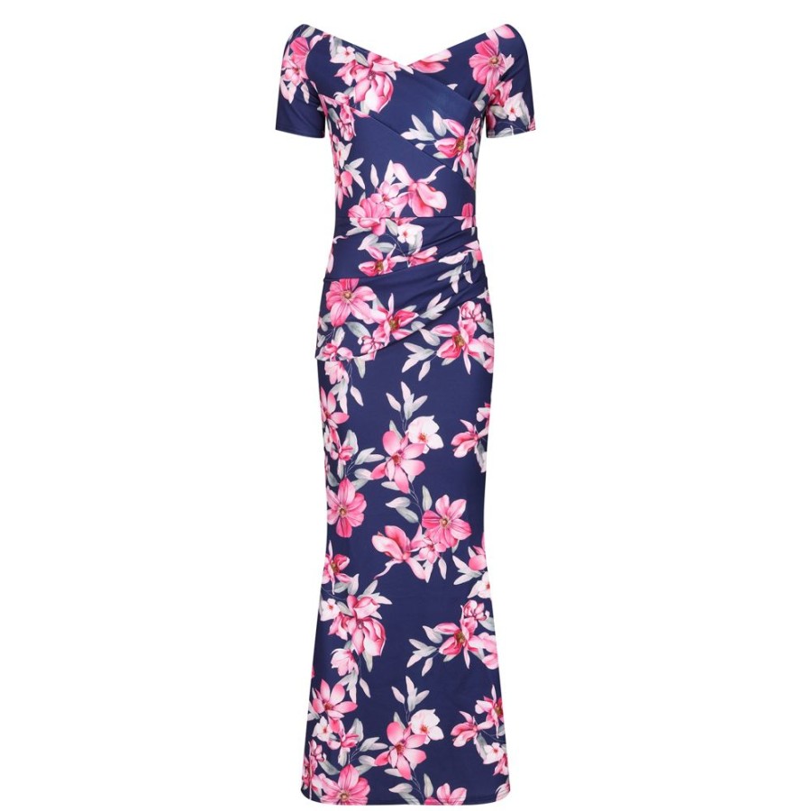 Pretty Kitty Fashion Blue & Pink Floral Maxi Dress W/ Peplum Hem & Cap Sleeves | Maxi Dresses