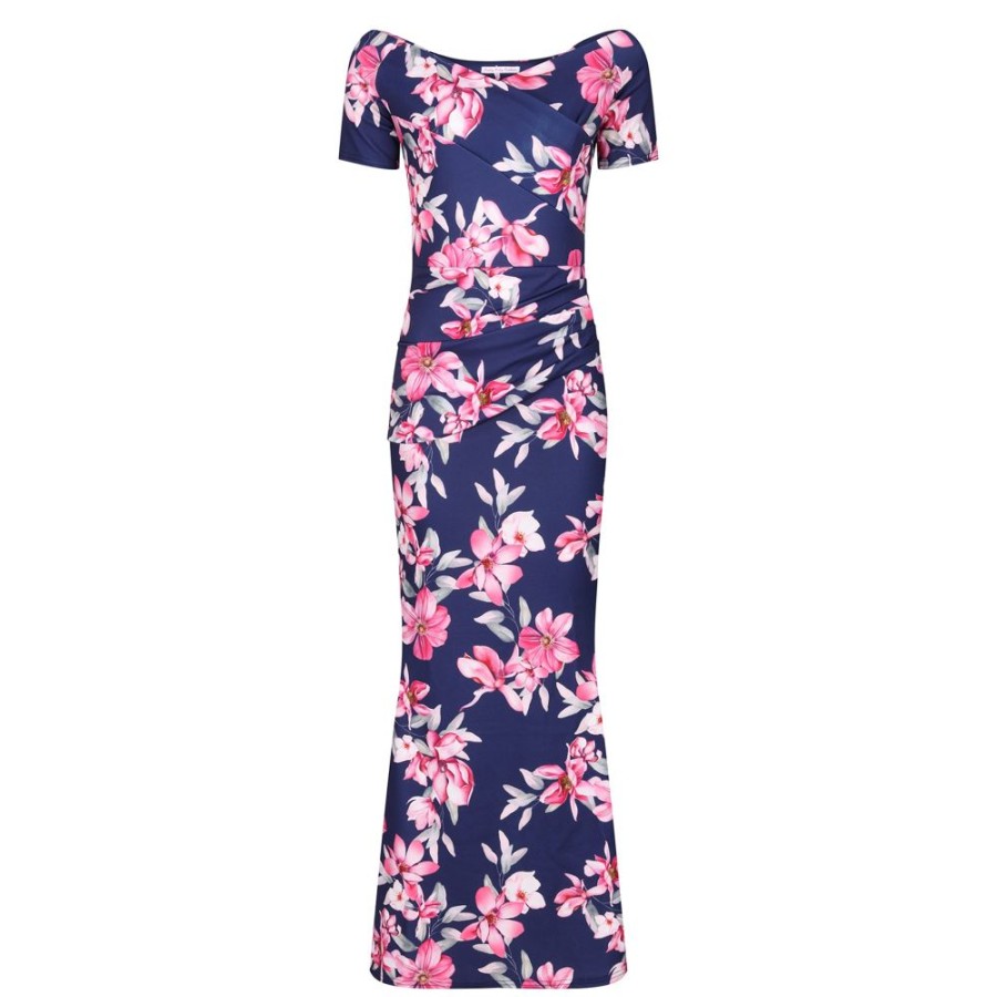 Pretty Kitty Fashion Blue & Pink Floral Maxi Dress W/ Peplum Hem & Cap Sleeves | Maxi Dresses