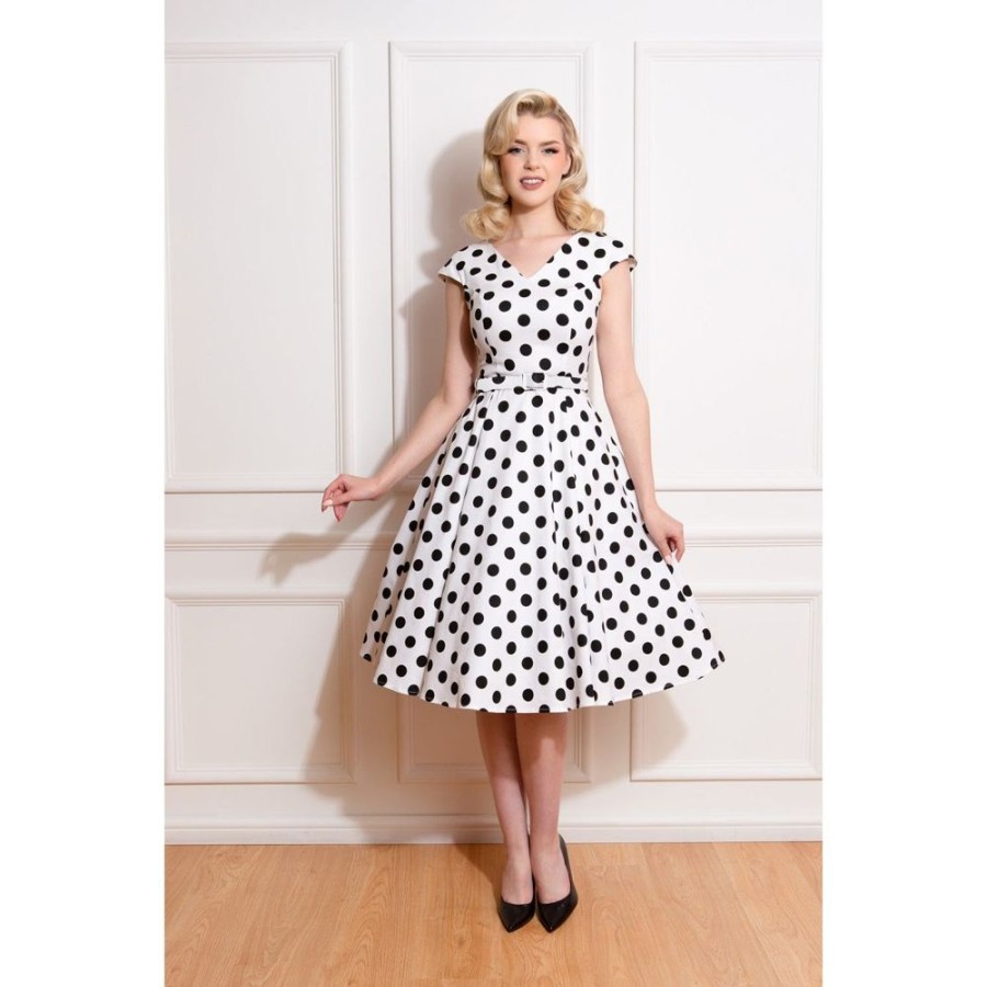 Pretty Kitty Fashion Black Polka Dot Print Cap Sleeve V Neck 50S Swing Dress | 50S Swing Dresses