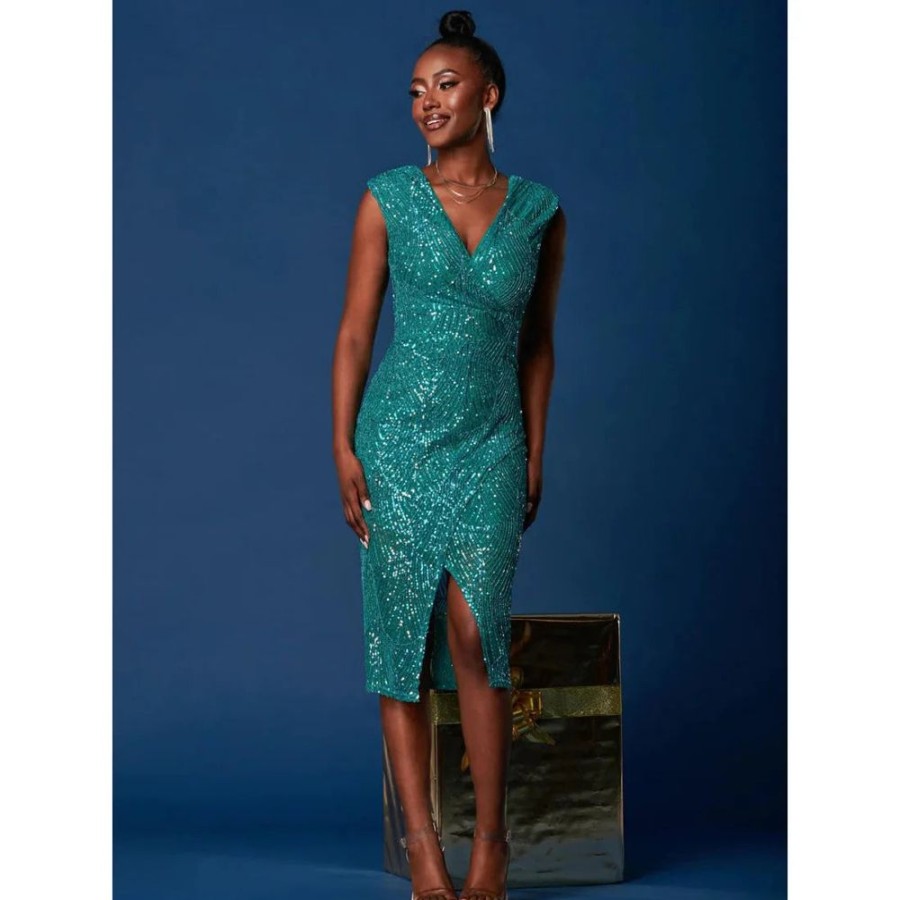 Jolie Moi Jolie Moi Green Sleeveless V Neck Split Skirt Sequin Wiggle Dress | Pencil Dresses