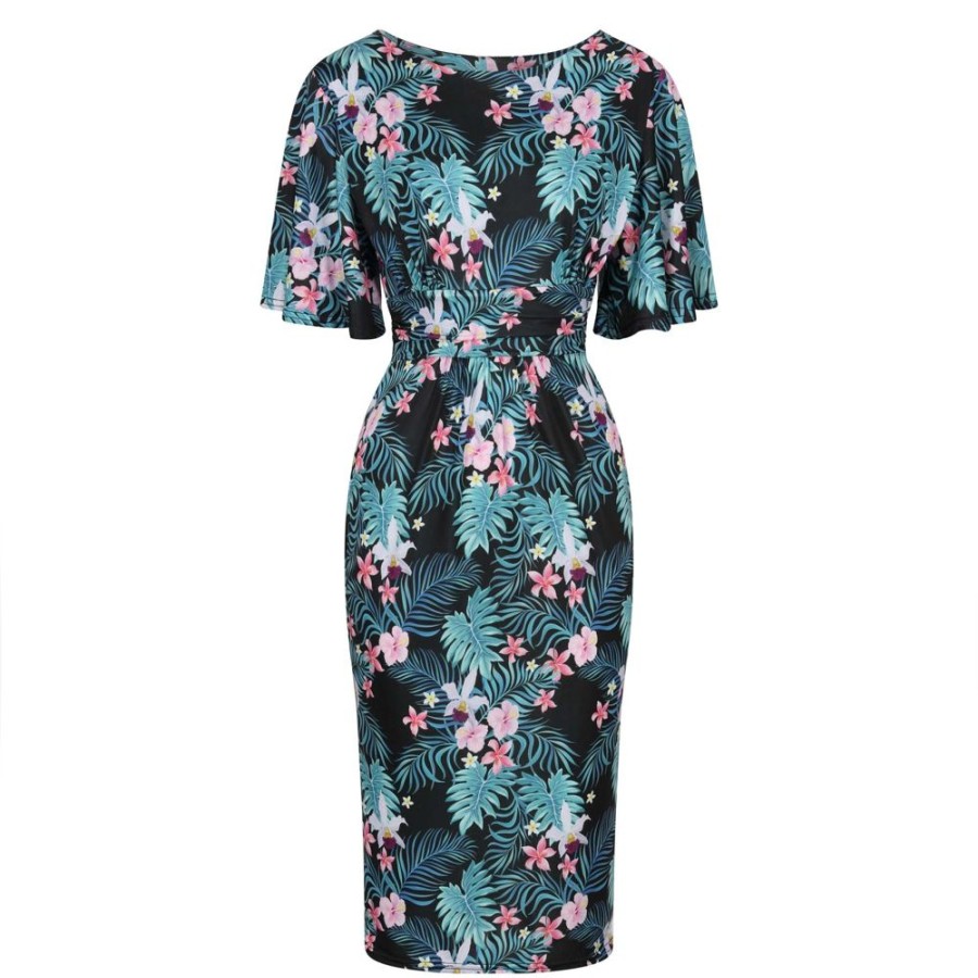 Pretty Kitty Fashion Tropical Floral Print Waterfall Sleeve Bodycon Pencil Dress | Party Dresses