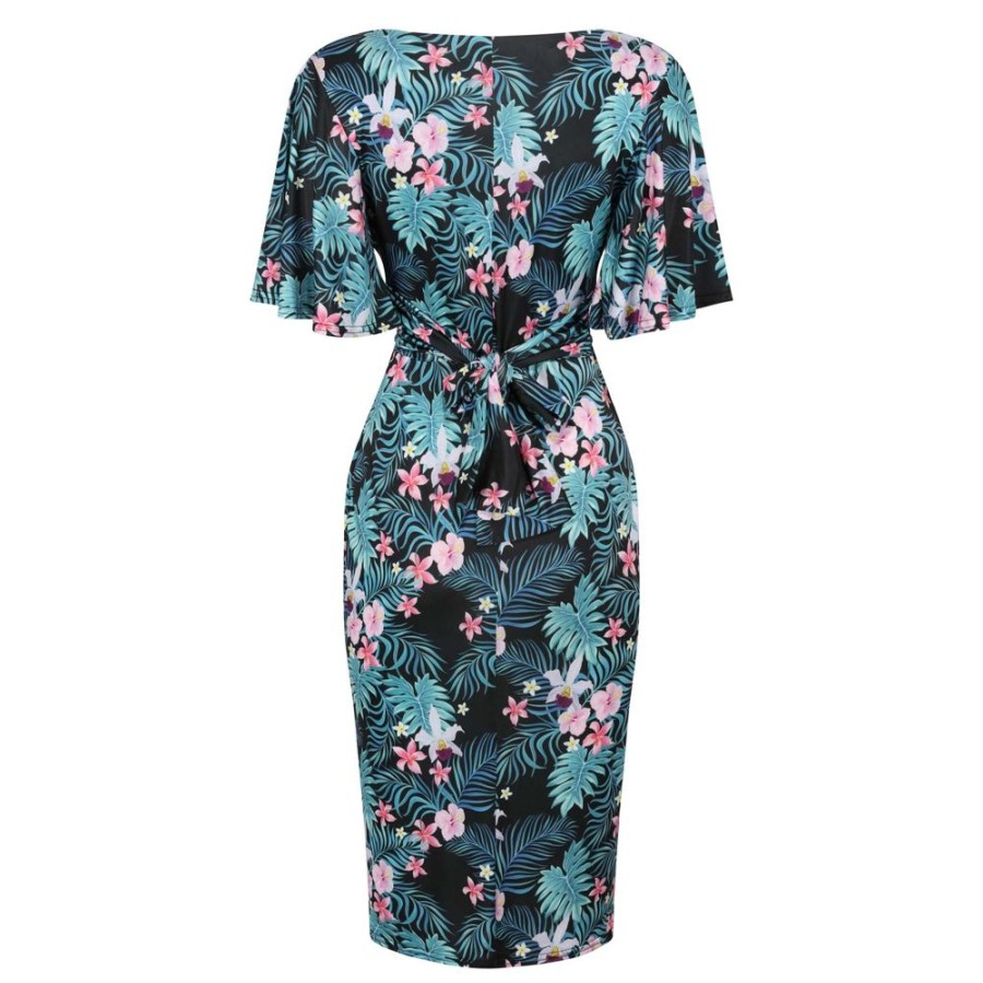 Pretty Kitty Fashion Tropical Floral Print Waterfall Sleeve Bodycon Pencil Dress | Party Dresses