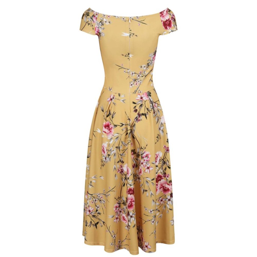 Pretty Kitty Fashion Yellow Floral Print Crossover Bardot 50S Swing Dress | 50S Swing Dresses