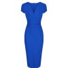 Pretty Kitty Fashion Royal Deep V Cap Sleeve Bodycon Ruched Waist Wiggle Dress | Wiggle Dresses