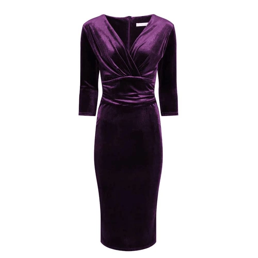 Pretty Kitty Fashion Velour Deep V 3/4 Sleeve Bodycon Ruched Waist Wiggle Dress | Pencil Dresses