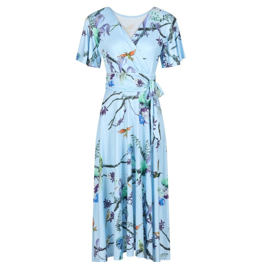 Pretty Kitty Fashion Floral Bird Print Cap Sleeve V Neck Wrap Top Swing Dress | Floral Dresses