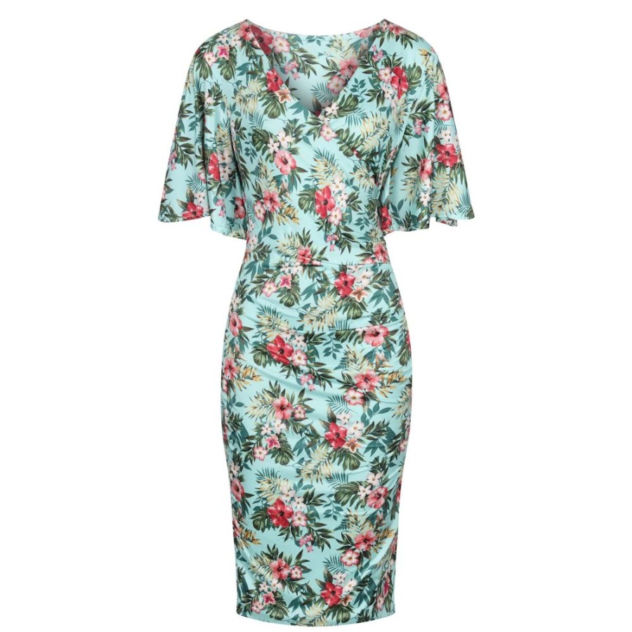 Pretty Kitty Fashion Mint Floral Print Butterfly Sleeve Slinky Pencil Cocktail Dress | Party Dresses