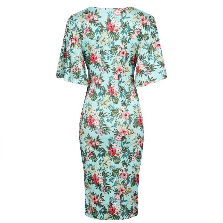 Pretty Kitty Fashion Mint Floral Print Butterfly Sleeve Slinky Pencil Cocktail Dress | Party Dresses