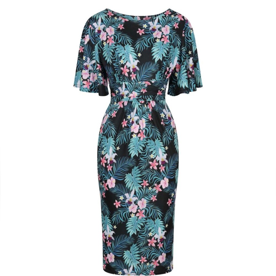 Pretty Kitty Fashion Tropical Floral Print Waterfall Sleeve Bodycon Pencil Dress | 50S Swing Dresses