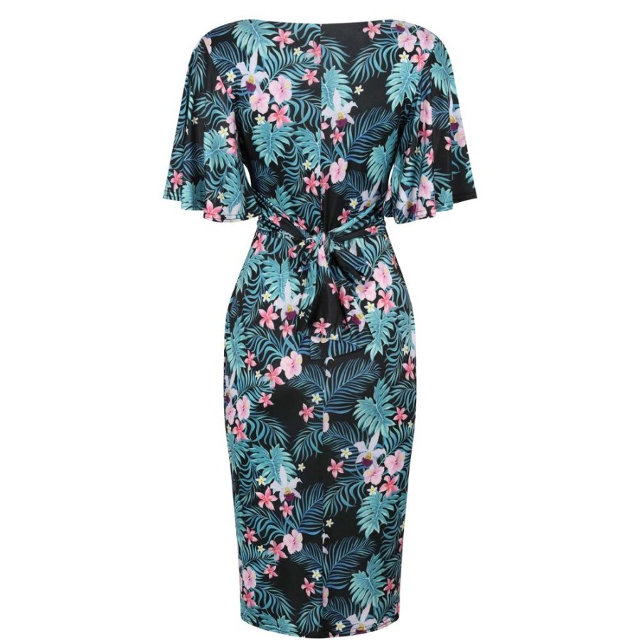 Pretty Kitty Fashion Tropical Floral Print Waterfall Sleeve Bodycon Pencil Dress | 50S Swing Dresses