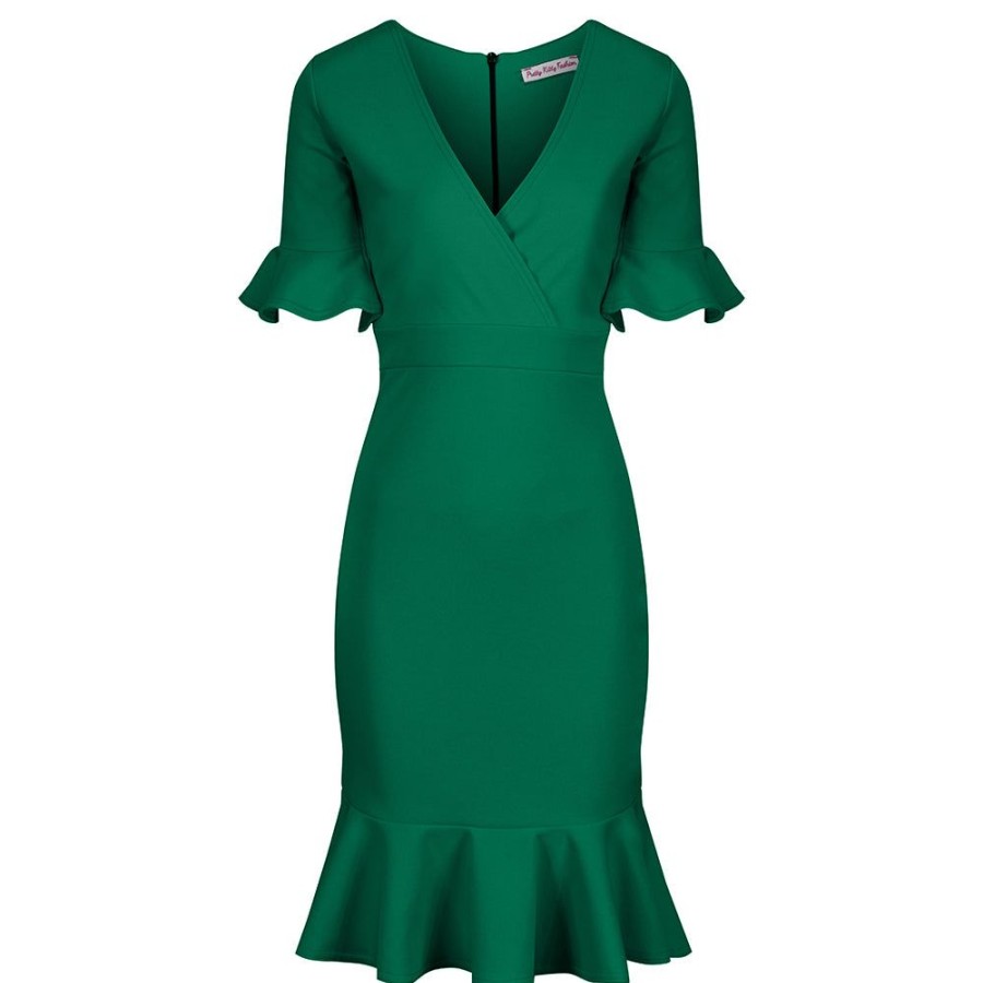 Pretty Kitty Fashion Emerald 1/2 Sleeve Fishtail Peplum Hem V Neck Bodycon Pencil Dre | Party Dresses