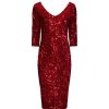 Pretty Kitty Fashion 3/4 Sleeve V Neck Velour Sequin Pencil Wiggle Party Dress | Party Dresses