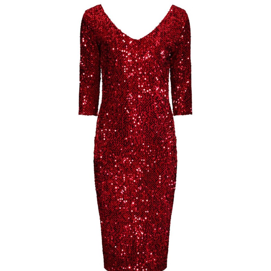 Pretty Kitty Fashion 3/4 Sleeve V Neck Velour Sequin Pencil Wiggle Party Dress | Party Dresses