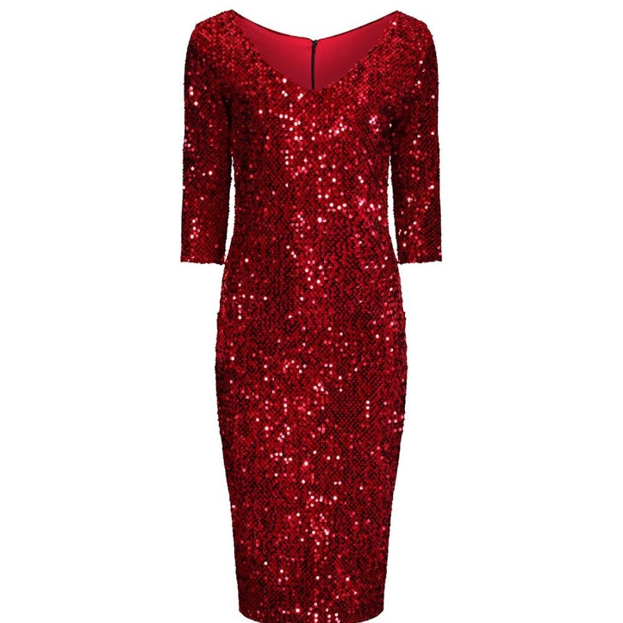 Pretty Kitty Fashion 3/4 Sleeve V Neck Velour Sequin Pencil Wiggle Party Dress | Party Dresses