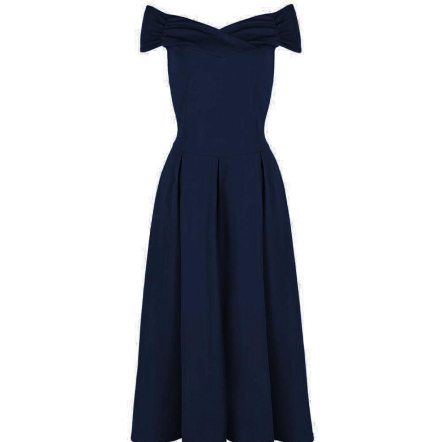 Pretty Kitty Fashion Navy Crossover Vintage Bardot 50S Swing Dress | Bardot Dresses