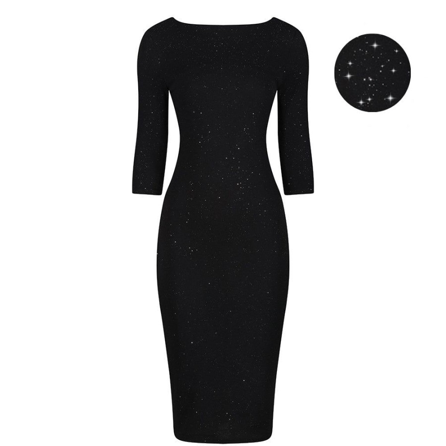 Pretty Kitty Fashion Silver Glitter 3/4 Sleeve Bodycon Velour Midi Party Dress | Little Black Dresses