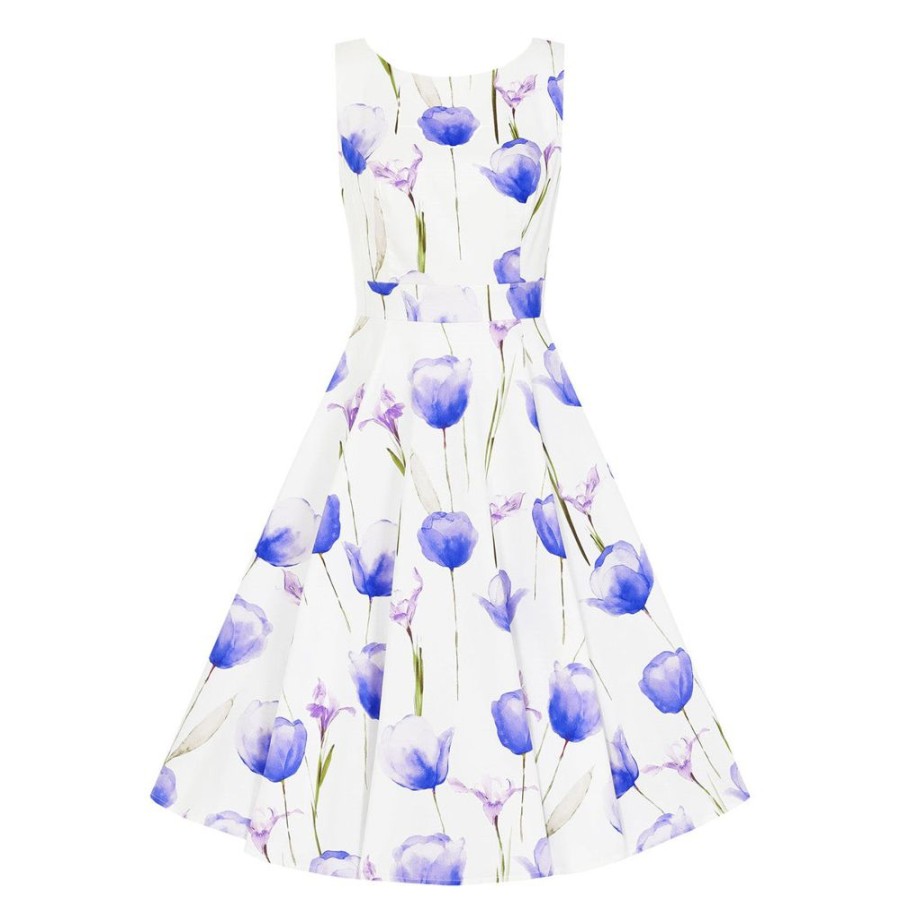 Hearts and Roses White & Purple Tulips Floral Print 50S Swing Dress | 50S Swing Dresses