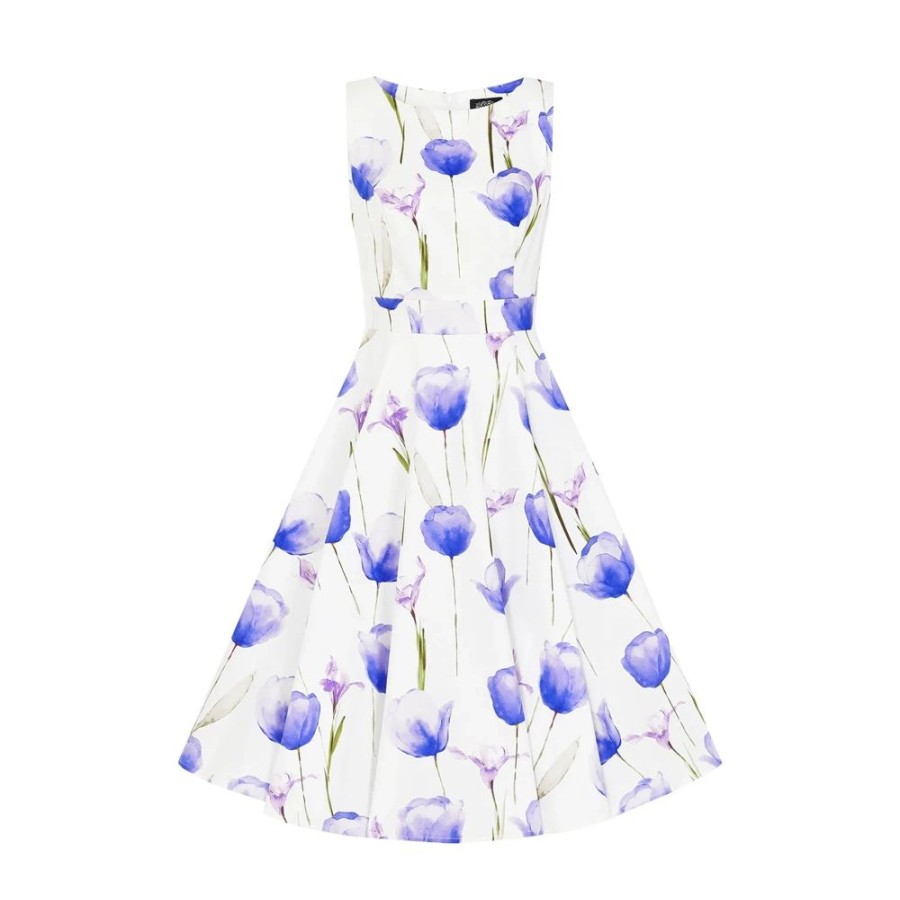 Hearts and Roses White & Purple Tulips Floral Print 50S Swing Dress | 50S Swing Dresses