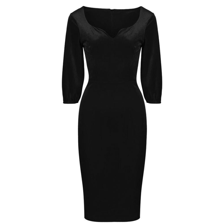 Pretty Kitty Fashion Velour Diamond Neckline 3/4 Sleeve Vintage Wiggle Dress | Little Black Dresses