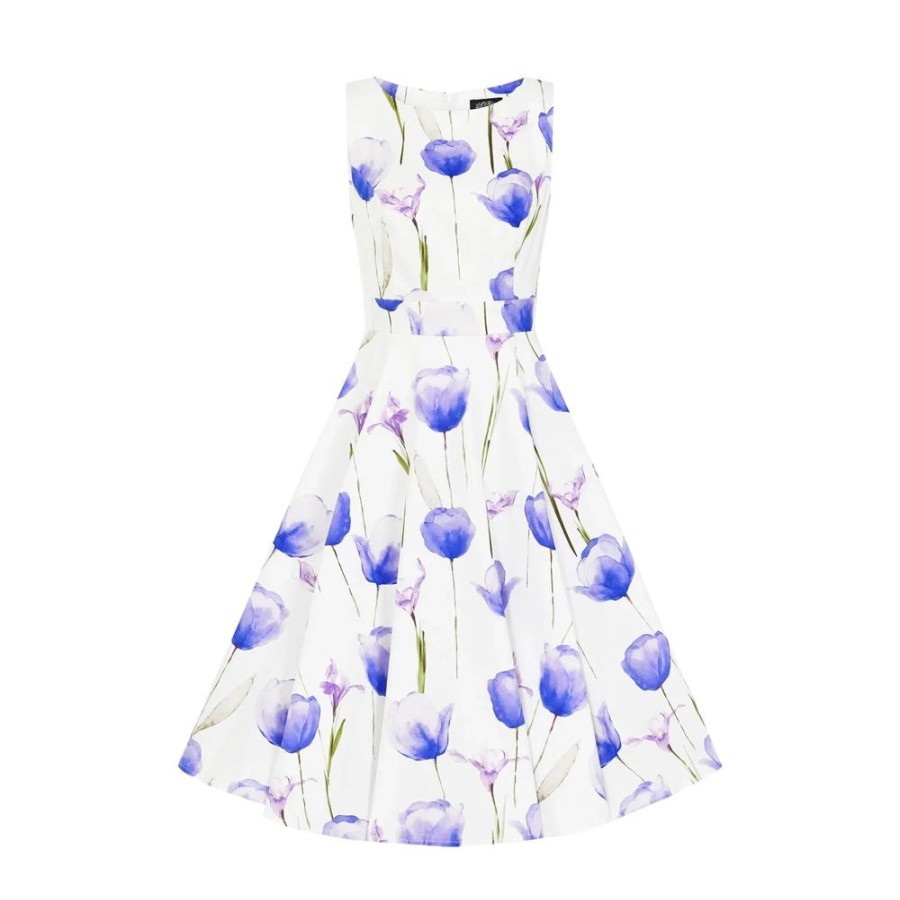 Hearts and Roses White & Purple Tulips Floral Print 50S Swing Dress | Floral Dresses