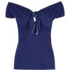 Pretty Kitty Fashion Navy Tie Front Vintage Bardot Top | Tops