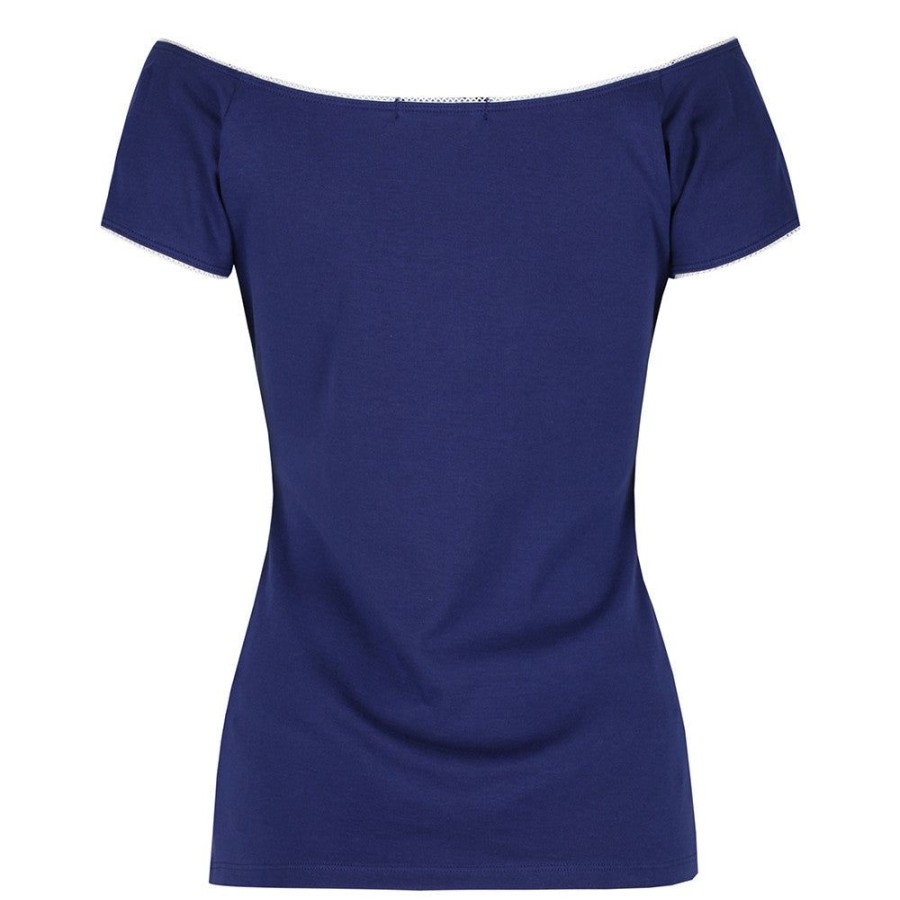 Pretty Kitty Fashion Navy Tie Front Vintage Bardot Top | Tops