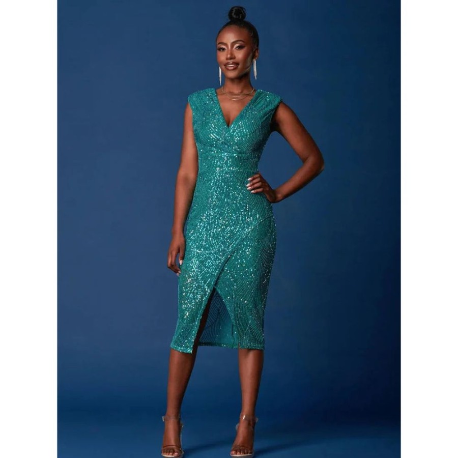 Jolie Moi Jolie Moi Green Sleeveless V Neck Split Skirt Sequin Wiggle Dress | Velour Dresses