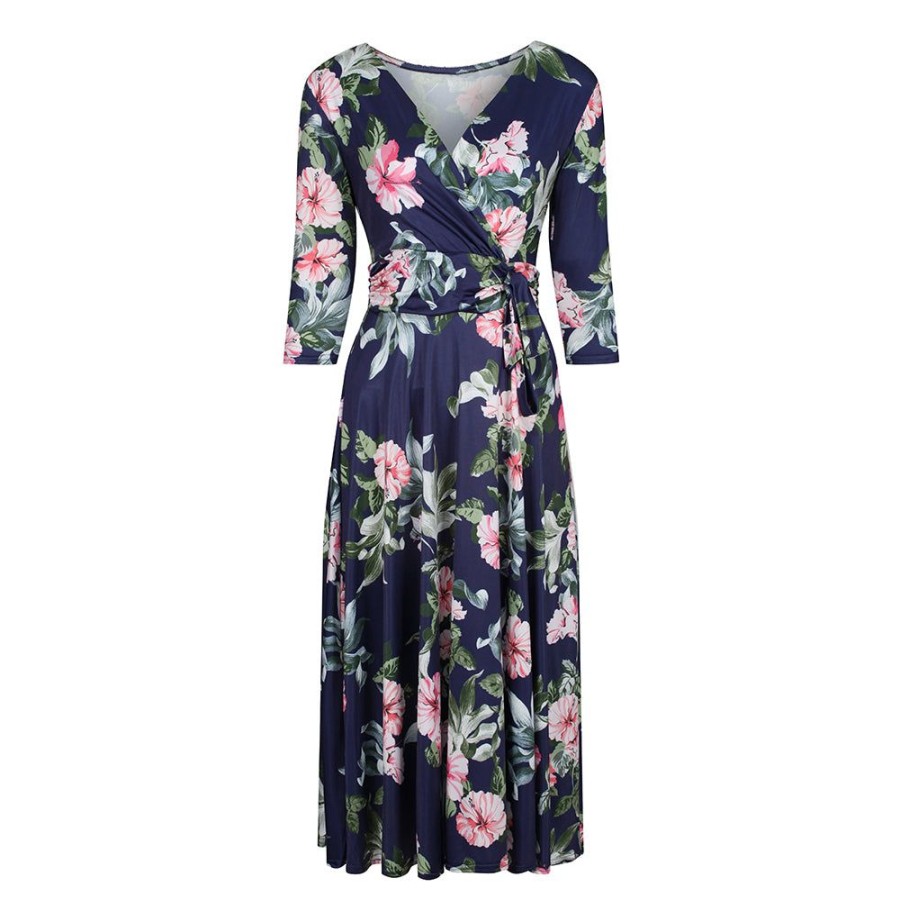 Pretty Kitty Fashion Navy Floral Print 3/4 Sleeve Crossover Top Vintage Swing Dress | Floral Dresses