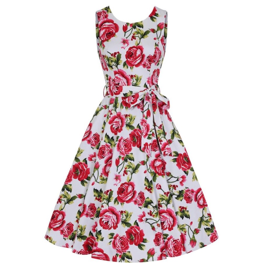 Pretty Kitty Fashion White And Pink Rose Floral Print Audrey 50S Summer Swing Dress | 50S Swing Dresses