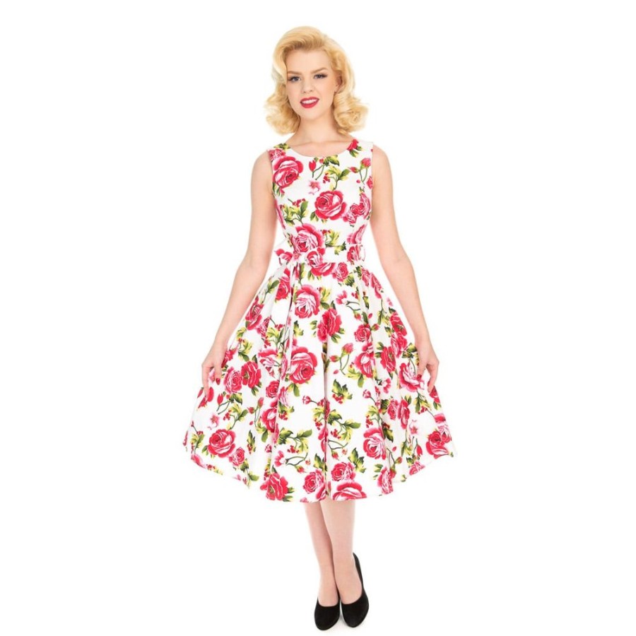 Pretty Kitty Fashion White And Pink Rose Floral Print Audrey 50S Summer Swing Dress | 50S Swing Dresses